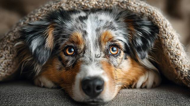 Cute australian shepherd dog resting under a soft cozy blanket at home