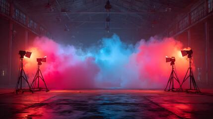 Obraz premium Bright studio lights with red and blue smoke in a dark warehouse
