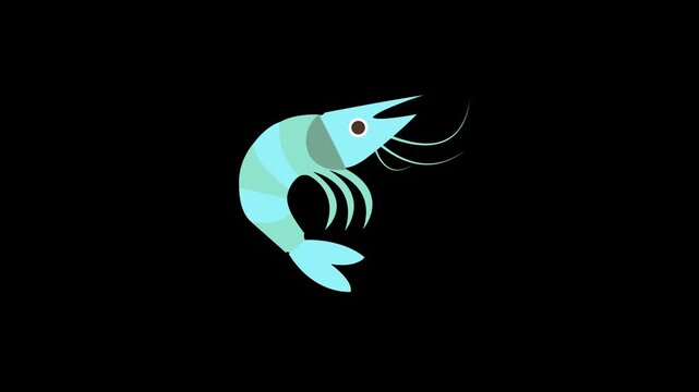 Animated Cute Cyan Blue Shrimp Swimming Motion Graphic Loop Isolated on Dark Black Background for Seafood Restaurant Menu Marine Life Ocean Animal Concept