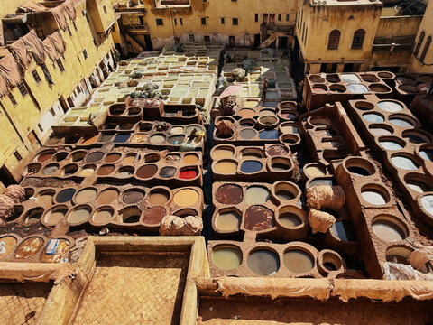 Fes, Morocco - 24 February 2026: View of the historic Chouara Tannery with its colorful dye vats and traditional leather processing in the old medina.