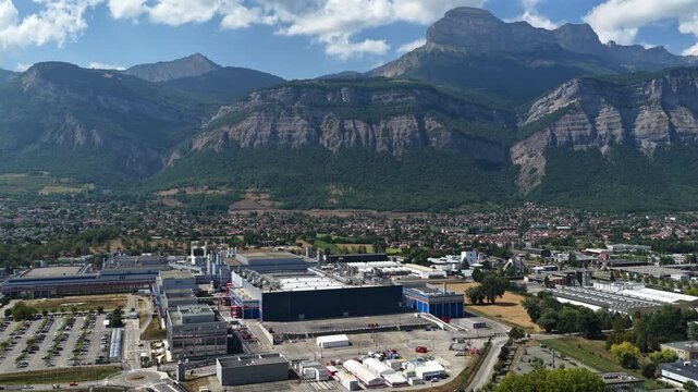 Crolles, France &ndash; 1 August 2026: Aerial view of the STMicroelectronics semiconductor production facility, showing the large industrial complex dedicated to microchip and silicon wafer manufacturing.