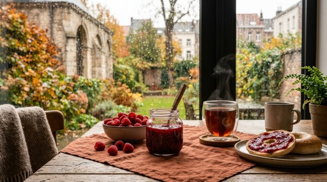 A cozy autumn breakfast on a rustic table features fresh raspberries, homemade jam, and steaming tea. The tranquil rainy garden view promotes a comforting home lifestyle.