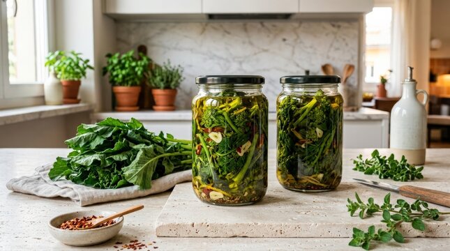 Homemade pickled greens, such as vibrant broccoli rabe, are preserved in olive oil and spices in kitchen jars. This embodies healthy, sustainable eating and culinary traditions.