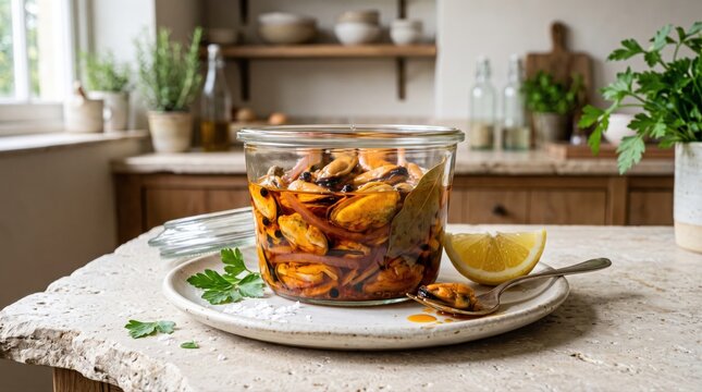 Pickled mussels with red onion and bay leaf are presented in a glass jar. This gourmet seafood appetizer highlights healthy, sustainable Mediterranean cuisine for food enthusiasts.