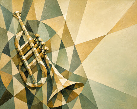 Album cover with abstract geometric trumpet illustration, modern jazz concept, music and entertainment theme, creative artistic expression, cubist style, warm earthy palette, elegant composition, copy