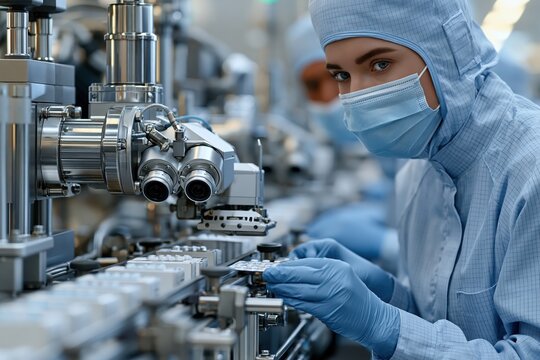Pharmaceutical worker operating factory conveyor belt inspecting medicine