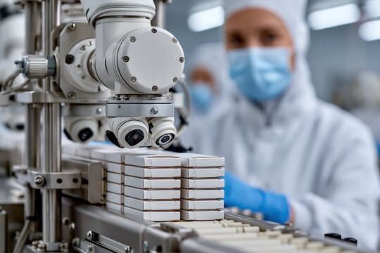 Automated pharmaceutical production line with robot and worker in lab