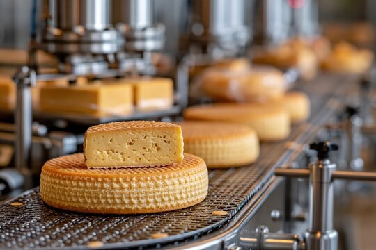 Cheese production line conveyor belt in modern dairy food factory