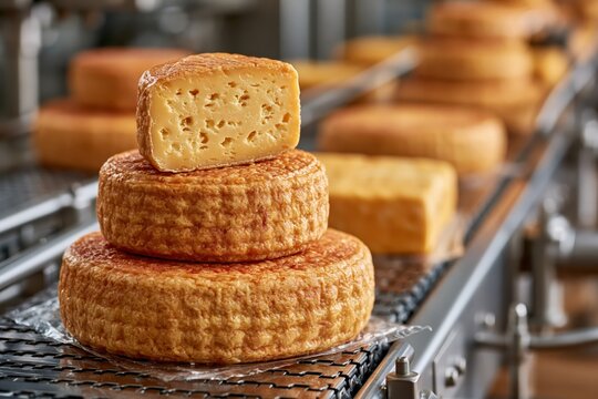 Artisanal cheese wheel stack in industrial dairy factory production