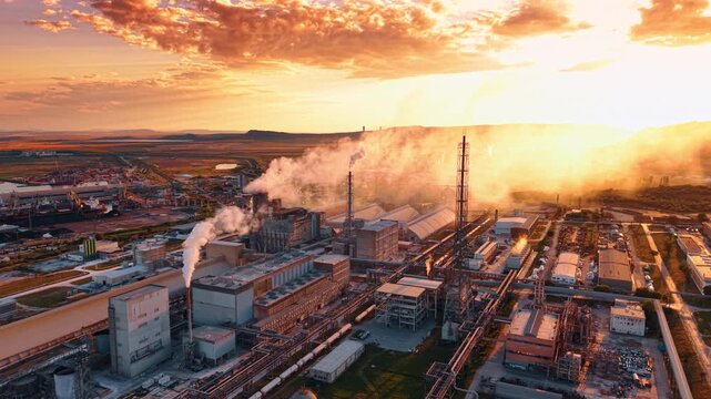Footage over the modern industrial plant at sunset time. Cumulus cloudscape colored orange accumulated in the sky over the factory.