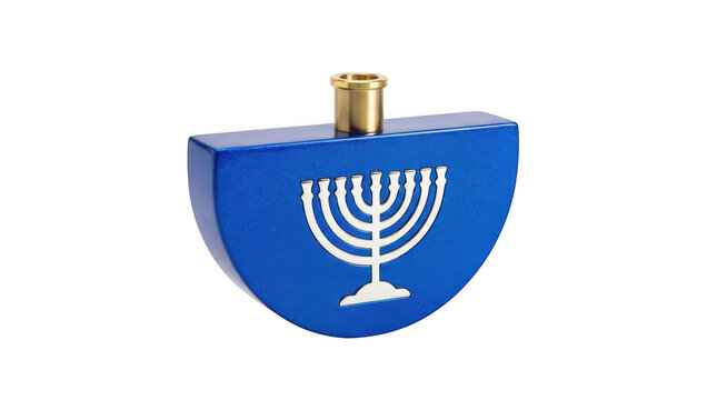 Blue metal dreidel with menorah design isolated on transparent background