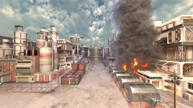 海辺の工場の外観　3DCGレンダリング
