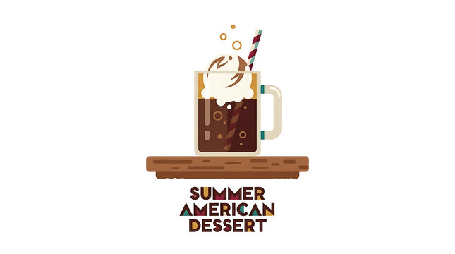 Refreshing Root Beer Float Vector Illustration Featuring Classic Creamy Vanilla Ice Cream Scoop and Straw for Summer American Dessert Theme