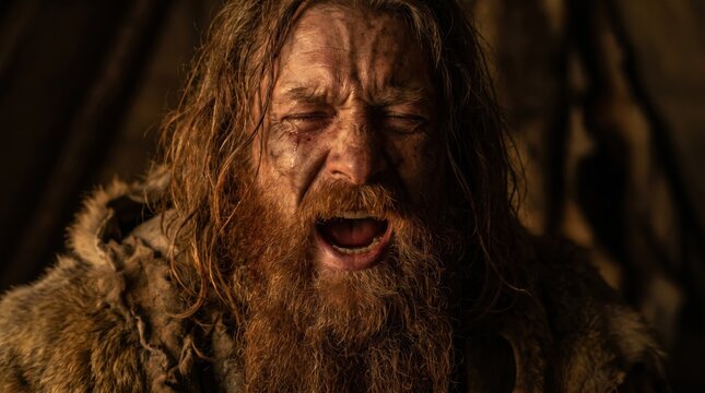 Esau crying out in bitter grief inside a tent. Biblical portrait of a rugged man in animal furs expressing despair