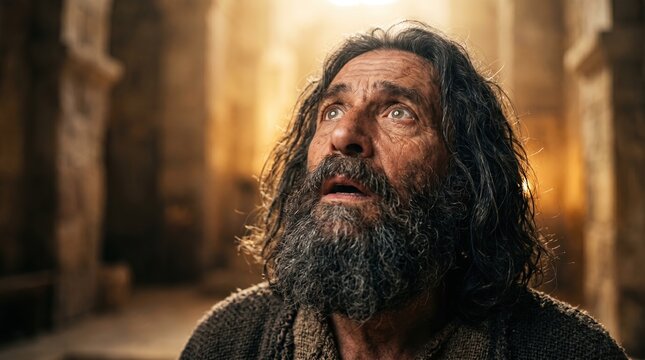 Prophet Isaiah looking up in awe during a divine vision. Biblical scene of spiritual revelation in the temple