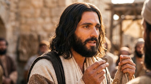 Jesus Christ teaching the parable of the talents. Biblical scene of Jesus holding a coin in an ancient city