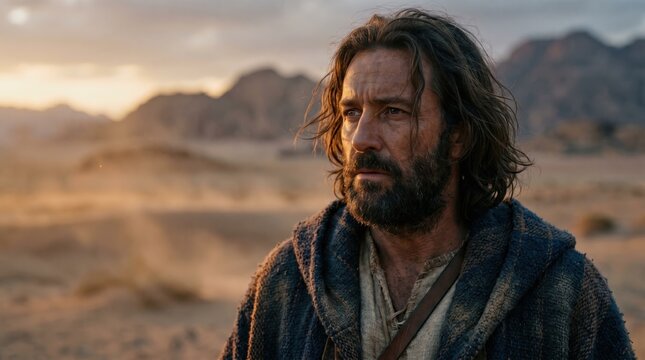 Moses fleeing to Midian in the desert. Portrait of a bearded biblical man in a hooded robe with mountains at sunset