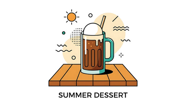 Refreshing Summer Dessert Root Beer Float Illustration Featuring a Creamy Vanilla Ice Cream Scoop Inside a Glass Mug on a Wooden Surface