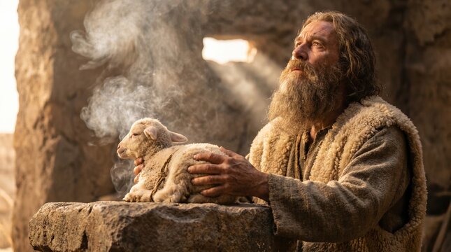 Abel offering a lamb sacrifice on a stone altar. Biblical scene of faith and devotion. Old testament story of Cain and Abel