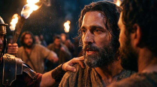 Jesus Christ during his arrest at night. Biblical scene of betrayal and arrest in Gethsemane. Roman soldiers with torches surrounding Jesus