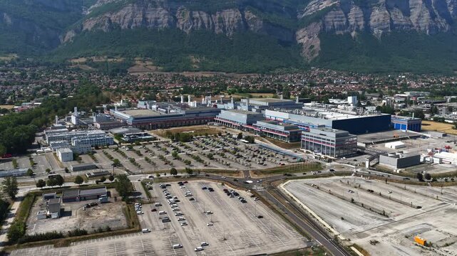 Crolles, France &ndash;  1 August 2026: Aerial panoramic view of the STMicroelectronics semiconductor manufacturing complex, a major European site for microchips, integrated circuits and silicon wafer produ