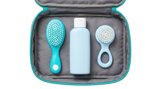Baby grooming kit with hairbrush and lotion in a travel case isolated on transparent background