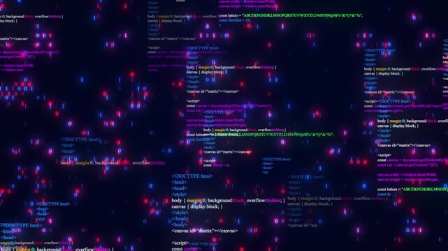 Abstract Cyberpunk Digital Code And Glowing Binary Data Streams Scrolling Upwards On Dark Screen Software Programming And Cybersecurity Hacker Network Concept With Neon Pink Blue And Green Script Text