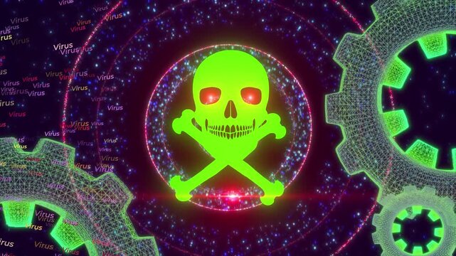 Cyber Security Alert Concept Featuring Glowing Green Skull And Crossbones With Red Eyes Surrounded By Rotating Wireframe Gears Binary Code Cascading Virus Text Floating In Dark Digital Virtual Space E