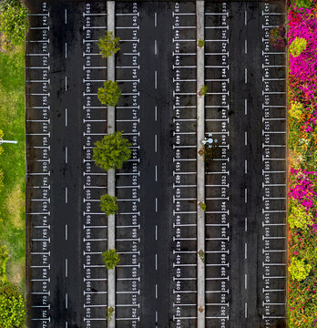 Aerial view of the parking lot at Sammy Ofer Stadium featuring numbered parking spaces, small trees, and vibrant bougainvillea flowers along the edge in Haifa, Haifa District, Israel.