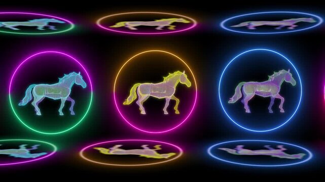 Glowing Neon Horse Carousel Seamless Loop Animation Featuring Vibrant Particle Stallions Running Inside Colorful Light Rings On A Black Background With Top And Bottom Reflections Futuristic Synthwave 