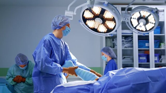 Male medic stands holding the patient's foot and taking off the bandage. Female nurses walk in the backdrop.