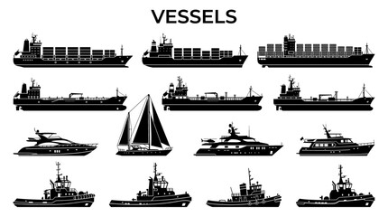 Fototapeta premium Collection of maritime vessel silhouettes including cargo ships, tankers, yachts, and tugboats isolated on white background.