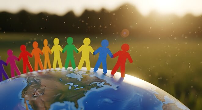 Paper chain people standing around globe representing global unity