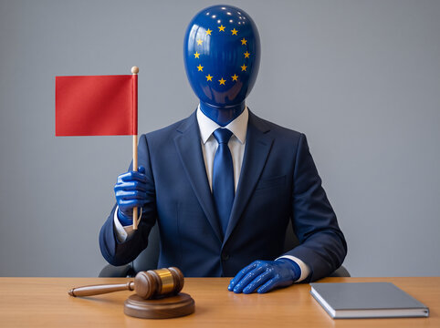 European Union bureaucrat mannequin holding red flag, EU rejection veto and regulation concept - red light
