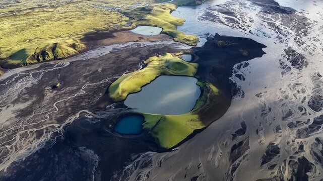 Aerial view of Laki volcanic craters with mossy green hills and dark lava fields in Kirkjubaejarklaustur, Skaftarhreppur, Iceland.
