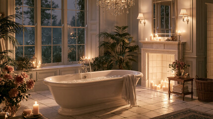 Fototapeta premium Elegant bathroom interior featuring a classic clawfoot tub brimming with water, surrounded by numerous candles for a tranquil and wellness experience