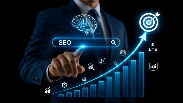 Search engine optimization growth concept with digital analytics dashboard representing online marketing visibility and business success