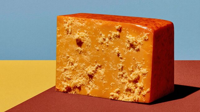 Block of aged orange cheddar cheese with a crumbly texture on a minimalist geometric background for food advertising and dairy packaging