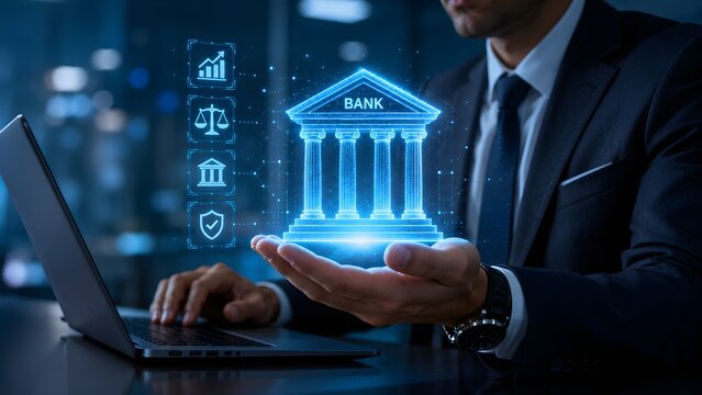 Digital banking concept with financial institution interface representing online finance secure transactions and fintech innovation