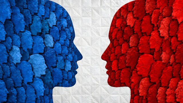 Political polarization concept with opposing human profiles representing ideological division conflict debate and social tension