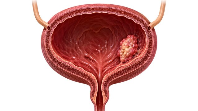 Bladder cancer illustration showing malignant tumor inside urinary bladder for urology healthcare diagnosis and treatment