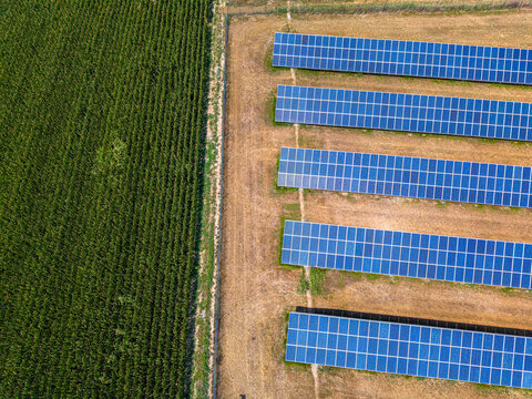 Aerial view of rows of solar panels installed in a field next to lush green crops in Borgo Revel, Piedmont, Italy.