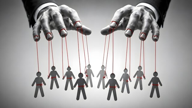 Human manipulation concept with puppet strings controlling people symbolizing influence power authority and social control