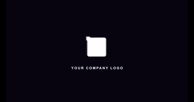 Minimalist logo reveal template with glowing white square placeholder and text on dark background