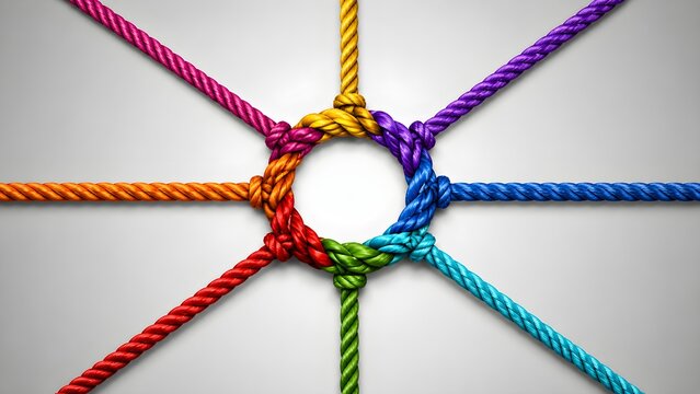 Colorful interconnected ropes forming unity circle symbolizing teamwork collaboration diversity partnership and strong connections
