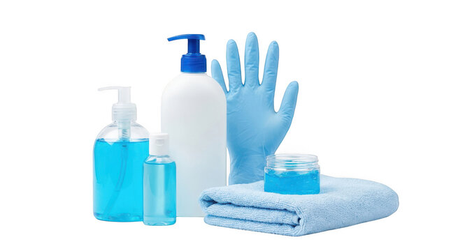 Hygiene and sanitization kit with blue gel bottles, towel, and protective glove isolated on transparent background