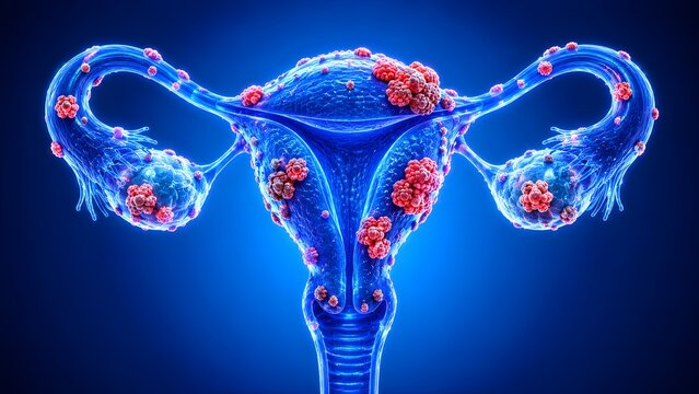 Human uterus with ovarian cancer tumors illustrating gynecologic oncology reproductive health and female cancer awareness