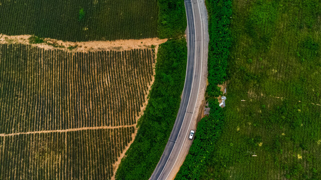 Aerial view of a road winding through lush green agricultural fields and vegetation in Pokrom near Aburi, Eastern Region, Ghana.