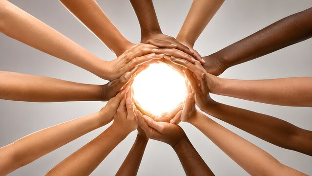 Hands forming circle around bright light representing unity teamwork diversity collaboration and community support