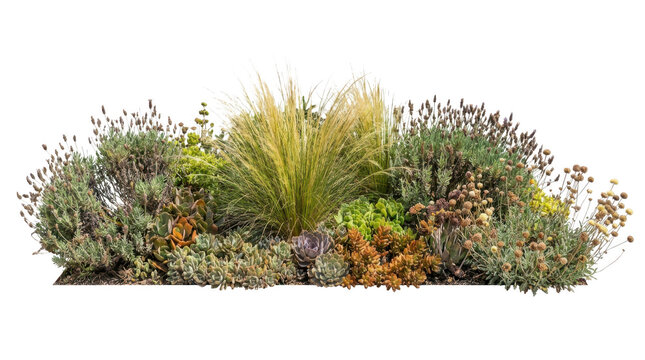 Assorted succulent plants and ornamental grasses isolated on transparent background